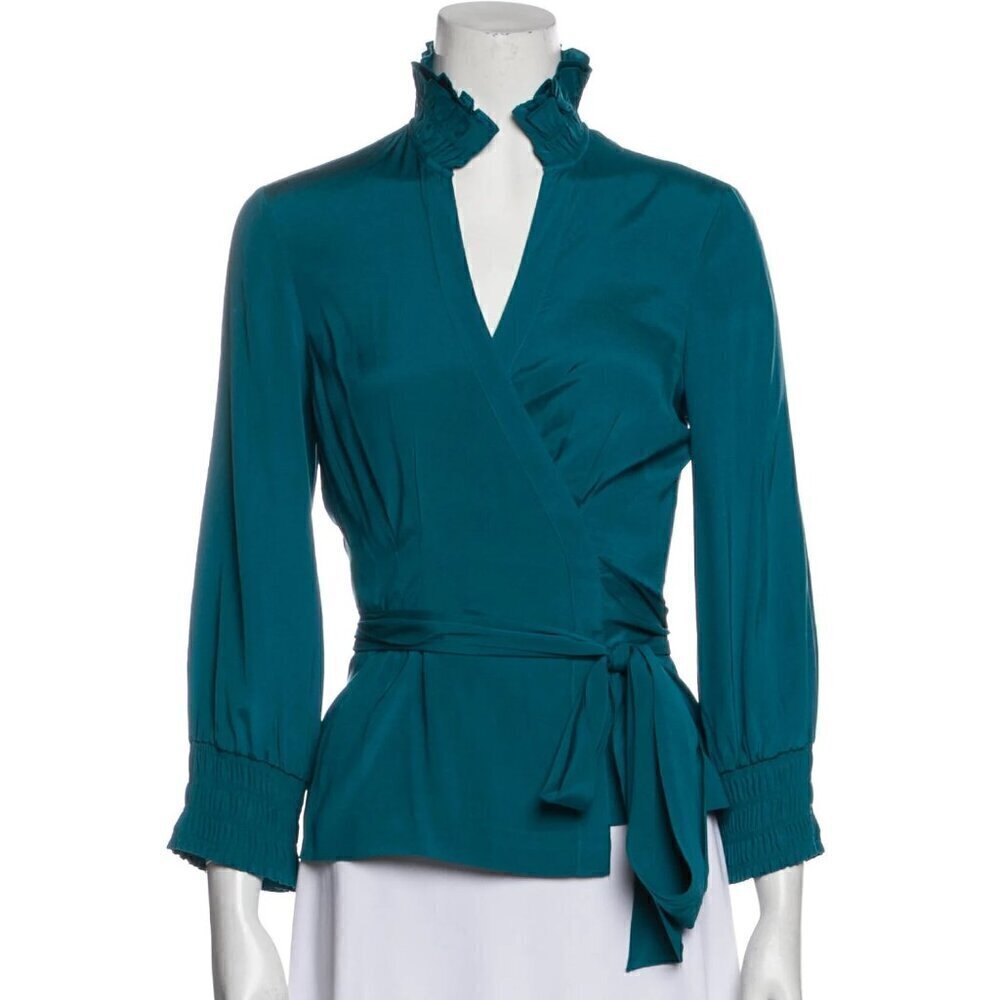 Diane Von Furstenberg Graciela Teal Blue Silk Wrap Blouse